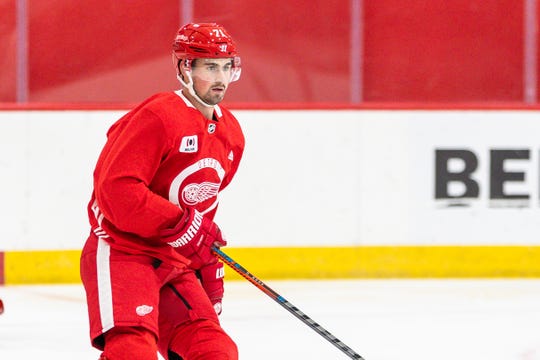Dylan Larkin at Detroit Red Wings training camp practice in Little Caesars Arena, Jan. 2, 2021.