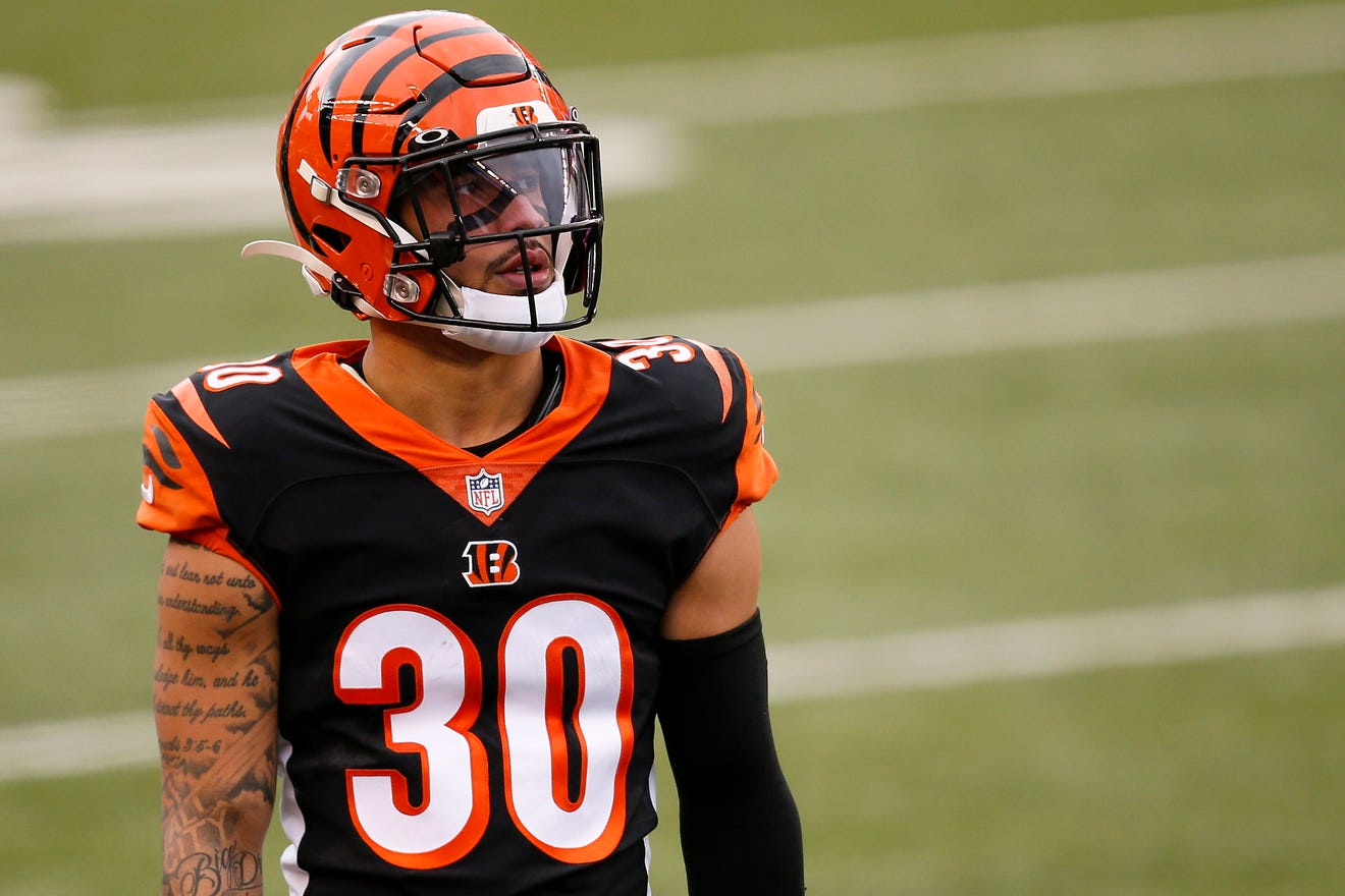 Cincinnati Bengals free safety Jessie Bates (30) watches a replay on the board after the Ravens score a touchdown in the first quarter of the NFL Week 17 game between the Cincinnati Bengals and the Baltimore Ravens at Paul Brown Stadium in downtown Cincinnati on Sunday, Jan. 3, 2021. The Ravens led 17-3 at half time.