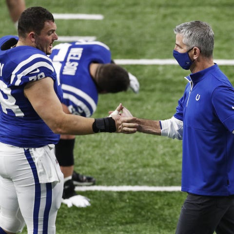 Indianapolis Colts head coach Frank Reich shakes h