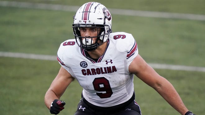 South Carolina tight end Nick Muse plays against Vanderbilt in the second half of an NCAA college football game Saturday, Oct. 10, 2020, in Nashville, Tenn. (AP Photo/Mark Humphrey)