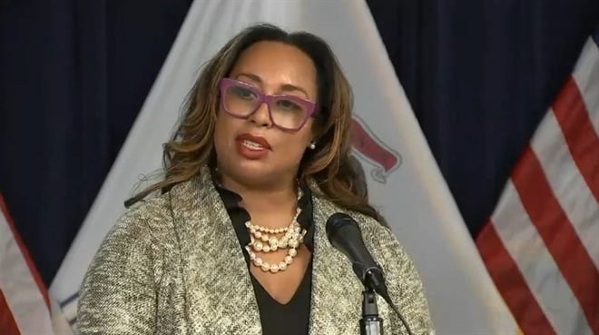 Toi Hutchinson, senior marijuana advisor to Gov. JB Pritzker, speaks at a news conference earlier this year regarding the state's rollout of marijuana legalization measures.