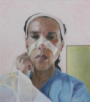 Mike Solomon’s “Lisa’s Watch” is a portrait of Dr. Lisa Merritt, founder and director of the Multicultural Health Institute in Sarasota, one of several images from his “Scenes from the Pandemic” series.