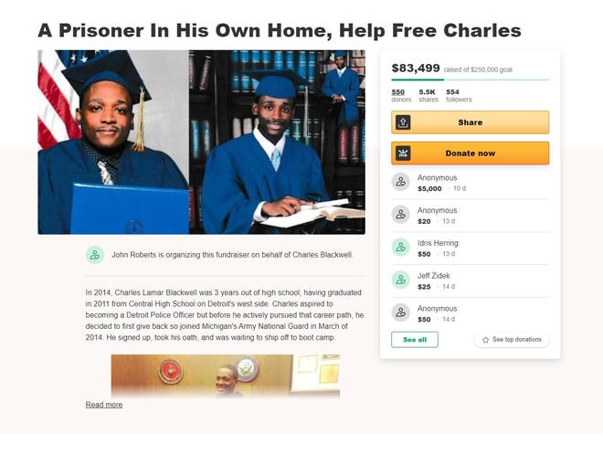 A GoFundMe page directs donors to support Charles Blackwell, whose goal of becoming a police officer was cut short in a drive-by shooting. Two years later, his mother was killed in a hit-and-run accident.