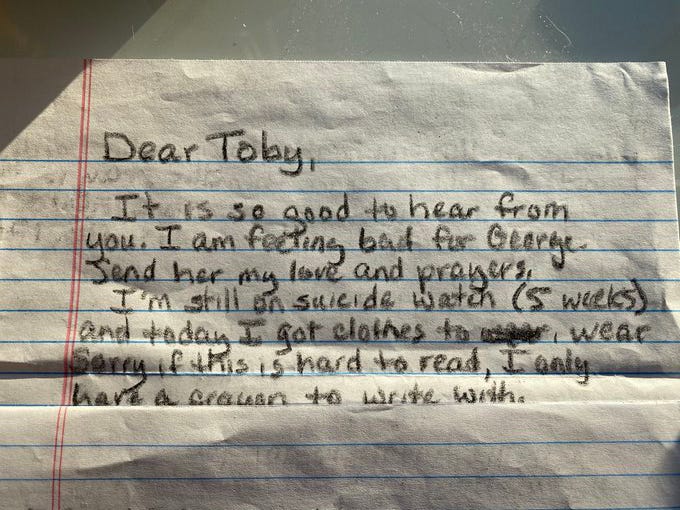 Lisa Montgomery's friend, Toby Dorr, provided this photo she took of a letter Montgomery wrote to her in November using black crayon.
