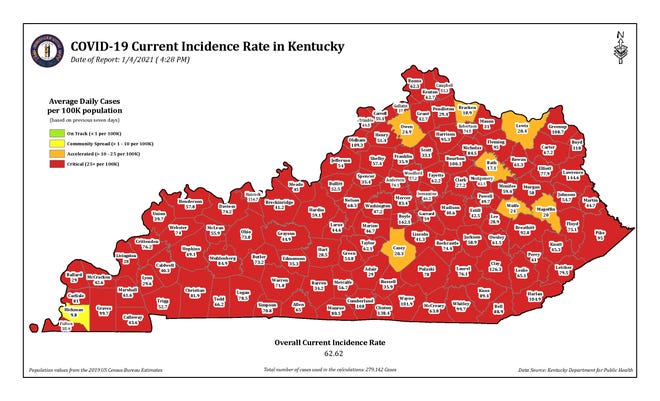 The COVID-19 current incidence rate map for Kentucky as of Monday, Dec. 4.