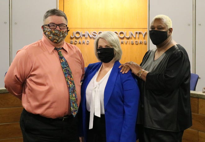 Johnson County Board of Supervisors Rod Sullivan, Lisa Green-Douglass and Royceann Porter pose at a swearing ceremony Jan. 4, 2021 at the Administration Building in Iowa City.
