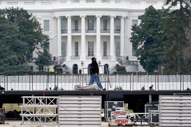 A stage is set up on the Ellipse near the White House in Washington, Monday, Jan. 4, 2021, in preparation for a rally on Jan. 6, the day when Congress is scheduled to meet to formally finalize the presidential election results.