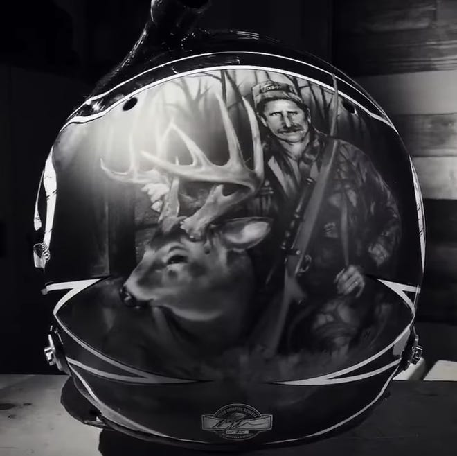 Fourth-generation NASCAR driver Jeffrey Earnhardt's helmet pays tribute to his grandfather, Dale Earnhardt Sr.