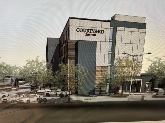 A rendering of a planned Courtyard by Marriott hotel in Mauldin off East Butler Road and Interstate 385.