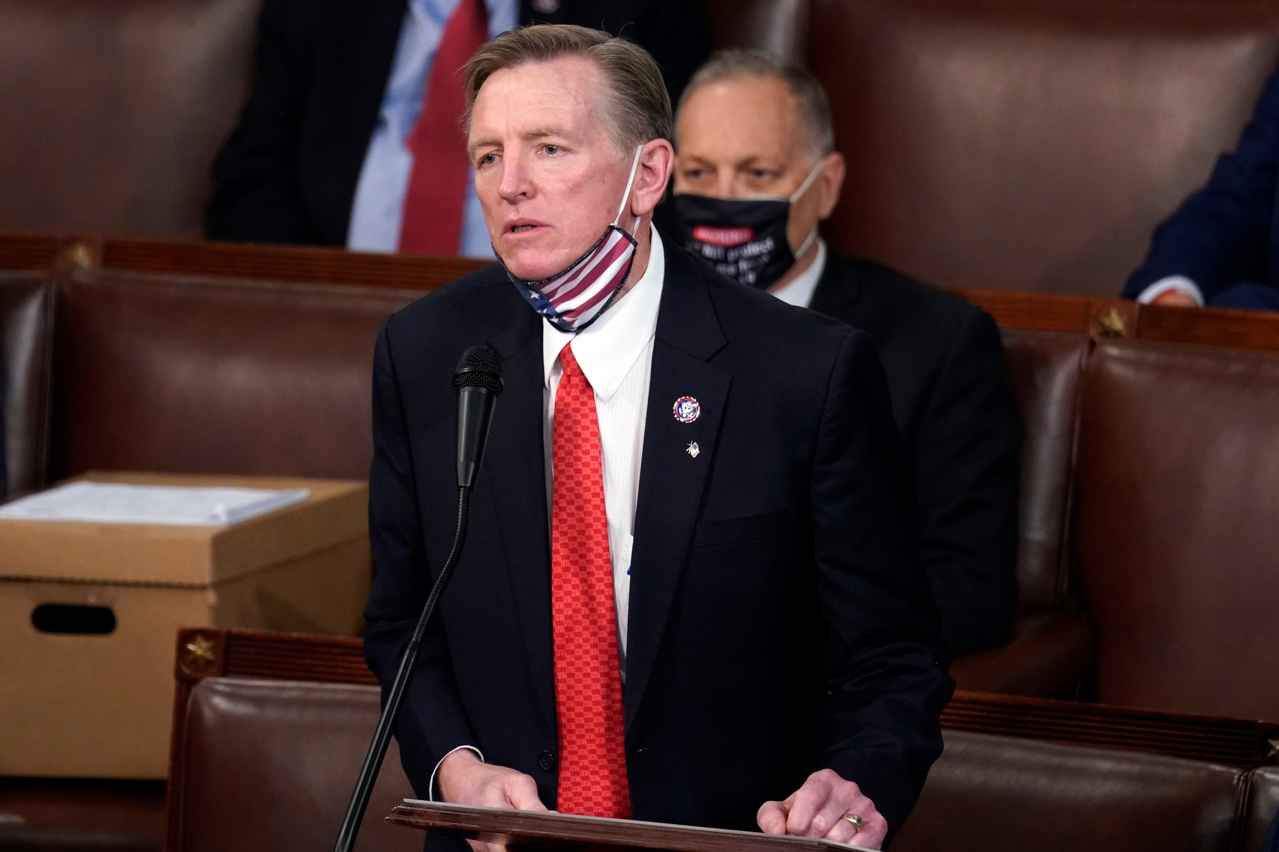 Rep. Paul Gosar, R-Ariz., objects to certifying Arizona's Electoral College votes during a joint session of the House and Senate convenes to count the electoral votes cast in November's election, at the Capitol on Jan. 6, 2021.