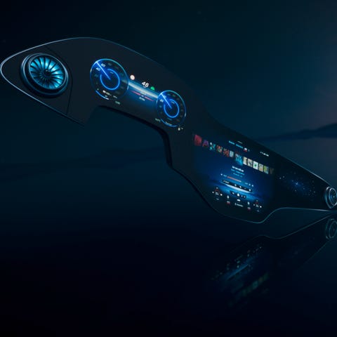 The Mercedes-Benz Hyperscreen is a 56-inch wide cu