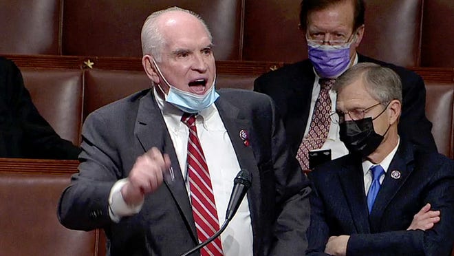 This is a screen grab from video of U.S. Rep. Mike Kelly, of Butler, Pa., R-16th Dist., as he speaks on the floor of the U.S. House of Representatives on Jan. 7, 2021. Kelly spoke in the aftermath of riots and violence at the U.S. Capitol in Washington, D.C. on Jan. 6, 2021, while legislators were in the process of confirming the presidential Electoral College vote for President-elect Joe Biden.