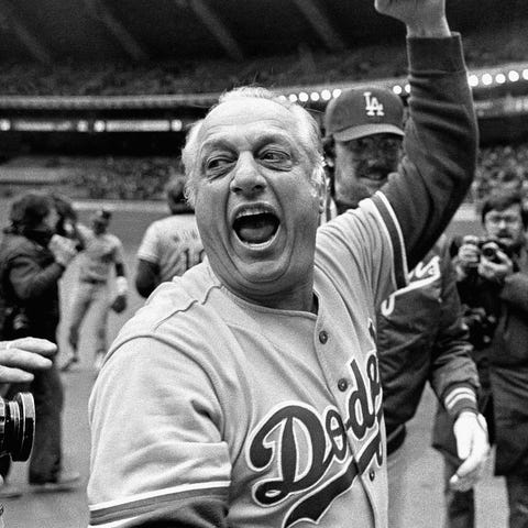 Tommy Lasorda celebrates the Dodgers' 1981 Nationa