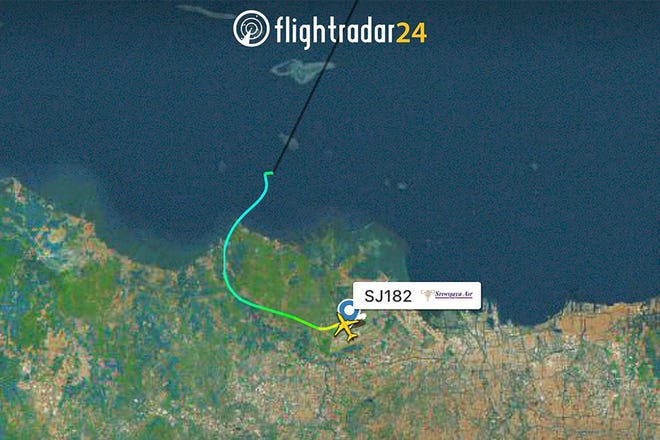 This image shows the flight path of Indonesian Sriwijaya Air Flight 182 before it lost contact with air traffic controllers.