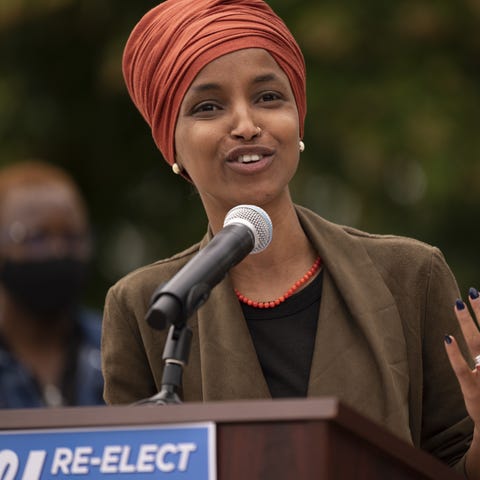 Rep. Ilhan Omar, D-MN, speaks during a news confer