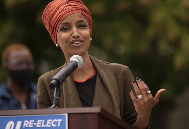 Rep. Ilhan Omar, D-MN, speaks during a news conference on St. Paul, Minnesota.