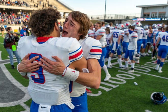 Westlake wide receiver Jaden Greathouse, left, and quarterback Cade Klubnik celebrate a 24-21 win over Galena Park North Shore after a Class 6A Division I state semifinal Saturday at Legacy Stadium in Katy. Klubnik scored the winning touchdown on a 1-yard run.