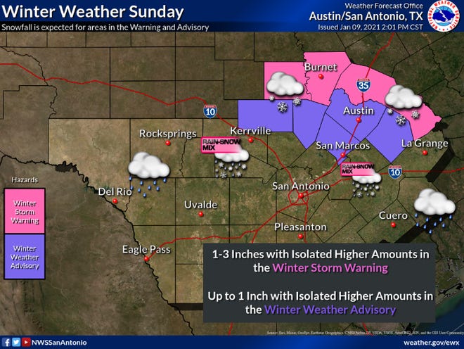 Up to 1 inch of snow is possible in Bastrop County on Sunday as a winter storm moves through the area.