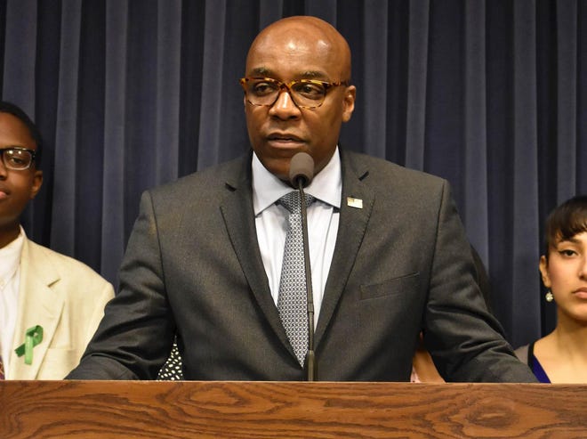 Illinois Attorney General Kwame Raoul, shown here in October 2019 during a news conference at the Capitol in Springfield, supports a bill that would make it easier for police to lose their certification if they are found to have engaged in misconduct.