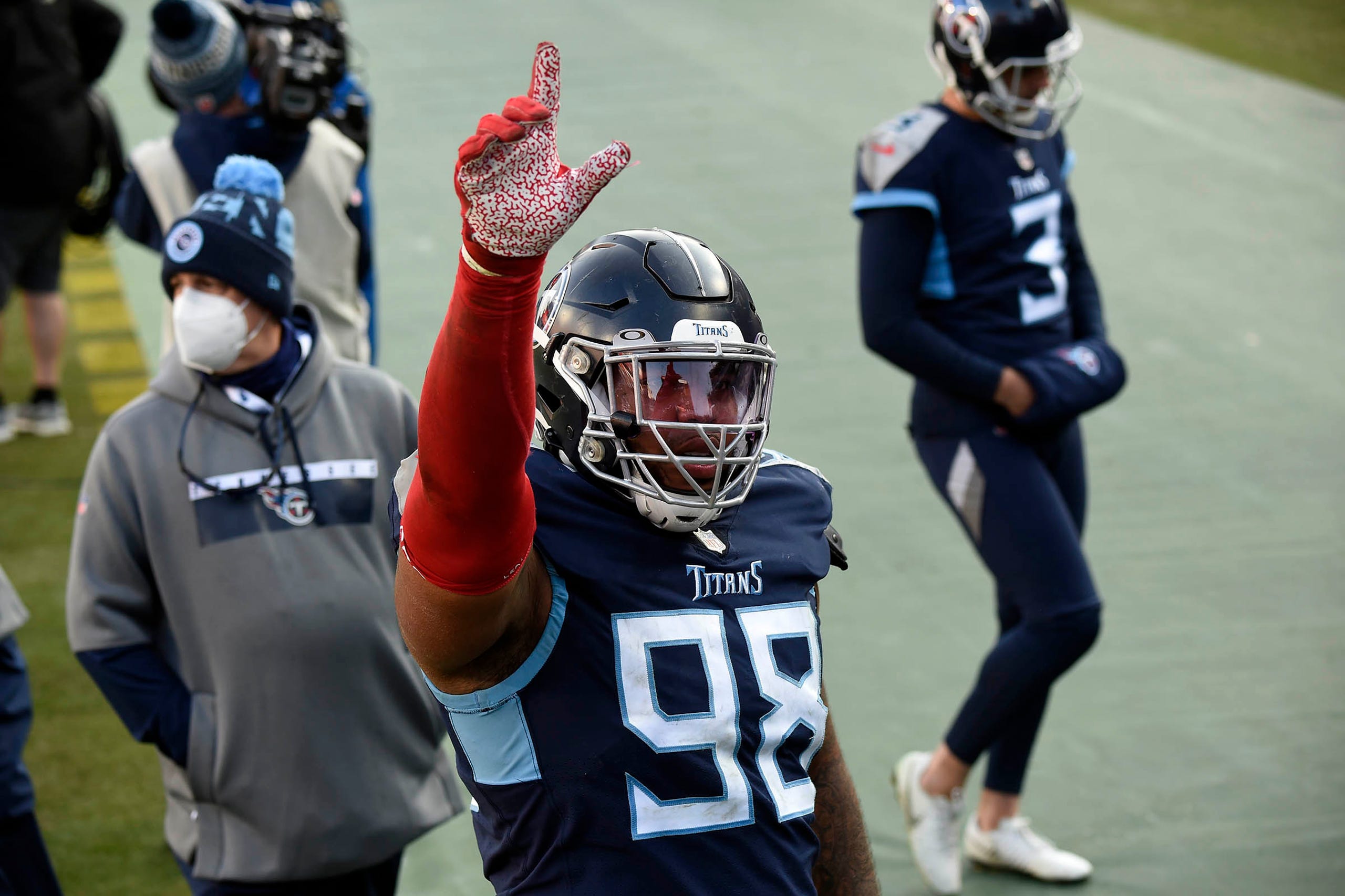 Tennessee Titans defensive tackle Jeffery Simmons (98) leaves the field after losing to the Baltimore Ravens in Nashville on January 10, 2021.