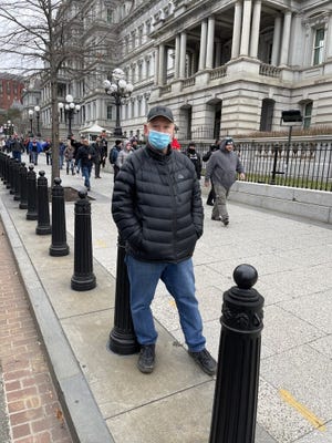 Nathan Nickerson, owner of Arnold's Restaurant & Clam Bar in Eastham, says this picture was taken of him when he was in Washington, D.C., on Jan. 6 to participate in the rally to the U.S. Capitol to support Donald Trump for president. He said a photo circulating on Facebook that is purported to be him wearing a "MAGA Civil War" shirt that day is of another man.