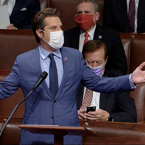 In this image from video, Rep. Matt Gaetz, R-Fla.,