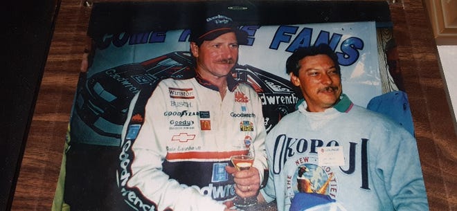 Dale Earnhardt and James Dowd of DeBary meet at the 1991 Busch Grand National race in Daytona Beach.