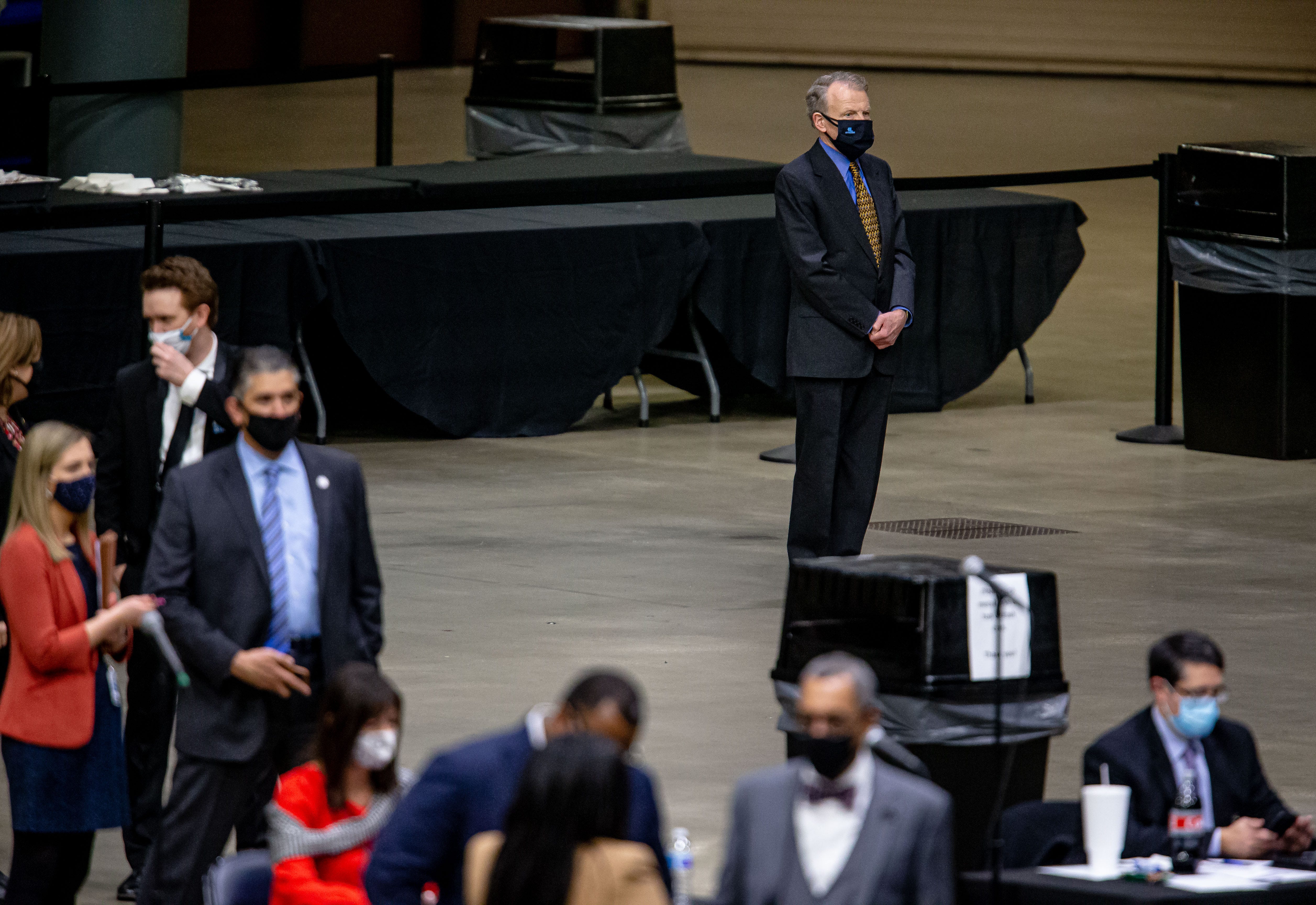 Illinois Speaker of the House Michael Madigan, D-Chicago, stands in the back of the room during debate on HB 2170 during the lame-duck session for the Illinois House of Representatives held at the Bank of Springfield Center, Monday, January 11, 2021, in Springfield, Ill. [Justin L. Fowler/The State Journal-Register] 