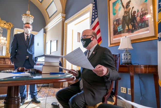 House Rules Committee Chairman James McGovern of Worcester leads a partially-virtual hearing last week in his office inside the U.S. Capitol in Washington.