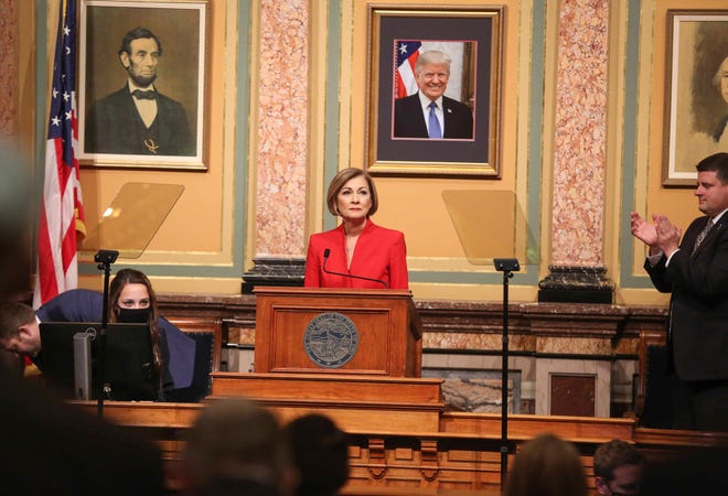 Iowa Gov. Kim Reynolds delivers the Condition of the State address in the House Chambers at the Iowa Capitol Building on Tuesday, Jan. 12, 2021. 