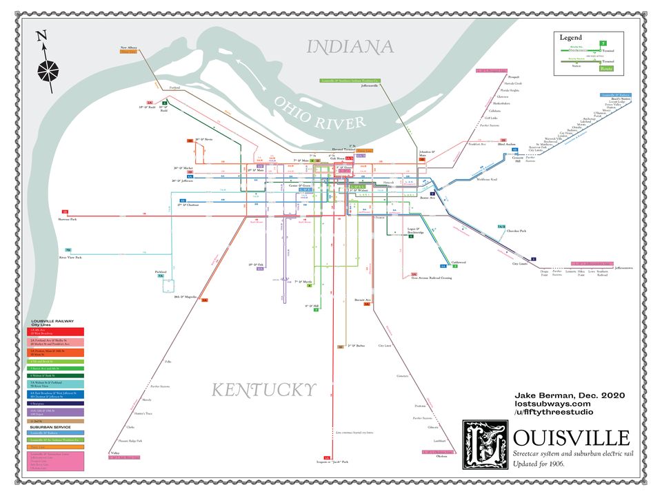 Jake Berman's map of Louisville streetcar system and suburban electric rail in 1906.