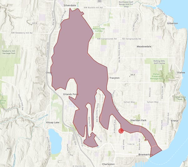 A map of the area of Sinclair Inlet affected by the sewage spill.