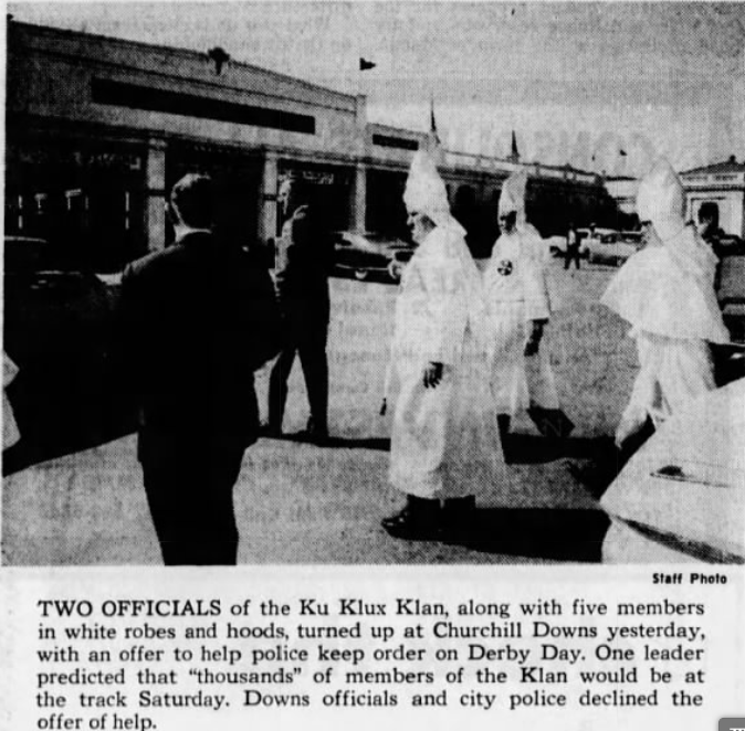 On Wednesday, May 3, 1967, a few days before the Kentucky Derby, members of the Ku Klux Klan offered to "keep order" at the Derby ahead of an expected demonstration led, in part, by Martin Luther King Jr.