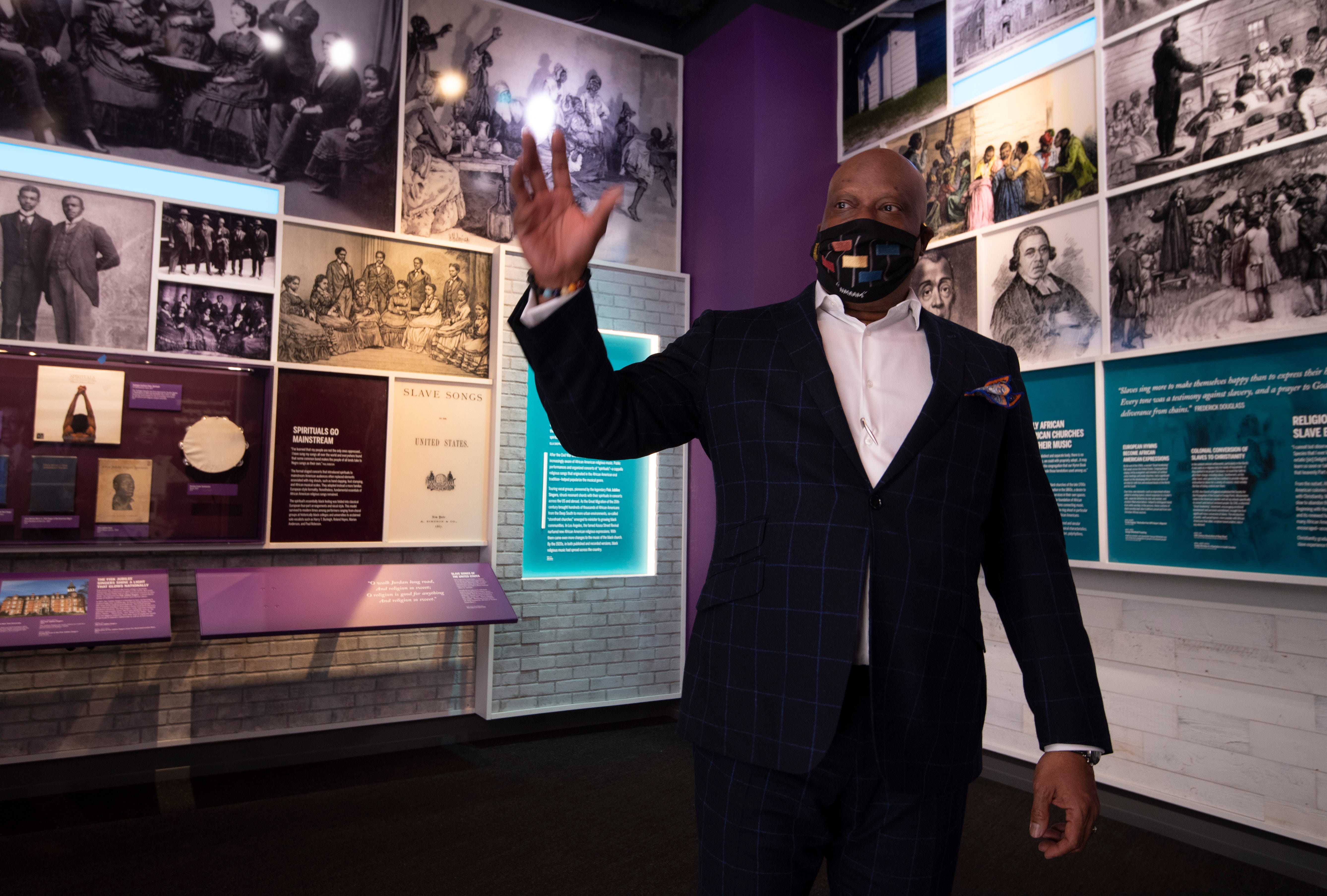 Henry Hicks president and CEO of the National Museum of African American Music guides a media tour through the museum Tuesday, Jan. 12, 2021 in Nashville, Tenn. Visitors will be able to enjoy the museum when it opens to the public in late January.


