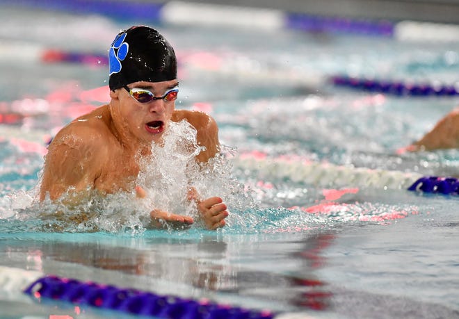 Dallastown's Riley Thomas, seen here in a file photo, set a new South Western pool record in the 100 breaststroke on Thursday night.