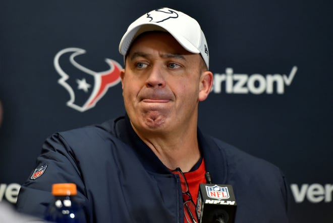 In this Jan. 12, 2020, photo, Houston Texans head coach Bill O'Brien speaks during a news conference following an NFL divisional playoff football game against the Kansas City Chiefs, in Kansas City, Mo. The Texans fired coach and general manager Bill Oâ€™Brien on Monday, Oct. 5. The firing comes a day after Sundayâ€™s 31-23 loss to the Vikings dropped the Texans to 0-4 for the first time since 2008. (AP Photo/Ed Zurga, File)