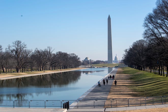 Security around the National Mall is heightened ahead of inauguration Day on Jan. 13, 2021, in Washington..