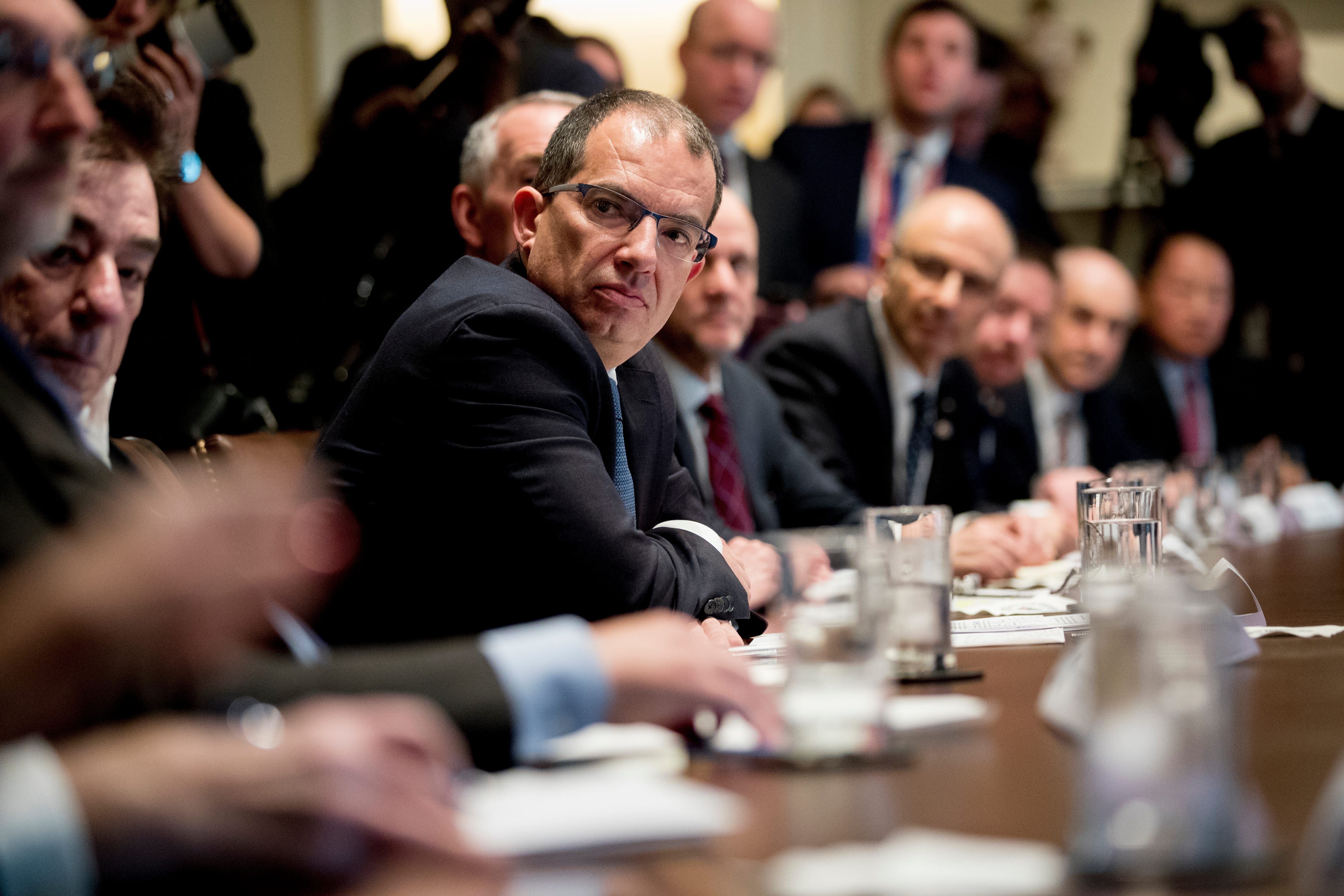 Moderna CEO Stephane Bancel meets with President Donald Trump, the Coronavirus Task Force and pharmaceutical executives in the White House on March 2, 2020.