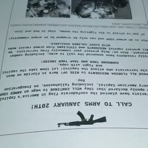 On Thursday, Baker posted an 18-second video on his YouTube channel showing him print out fliers with the headline, “CALL TO ARMS JANUARY 20TH!”