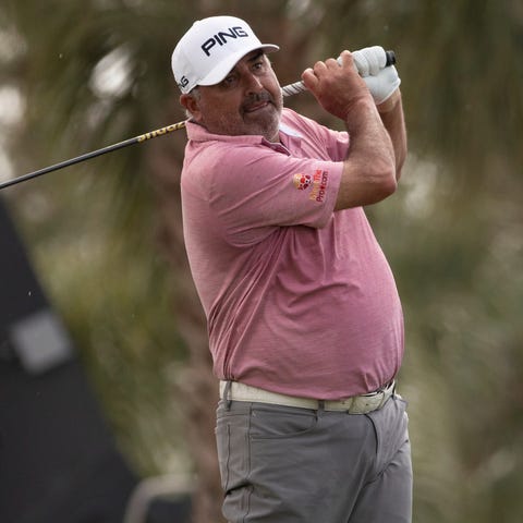 Angel Cabrera tees off at the 10th hole during the