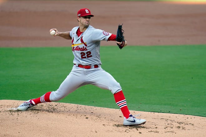 St. Louis Cardinals starting pitcher Jack Flaherty works against a San Diego Padres batter during Game 3 of a National League wild-card series Oct. 2 in San Diego.