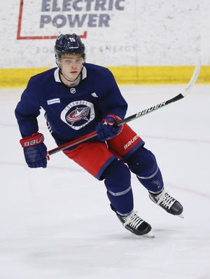 Columbus Blue Jackets forward Max Domi (16) skates during the first day of NHL training camp at Nationwide Arena in Columbus on Monday, Jan. 4, 2021. 