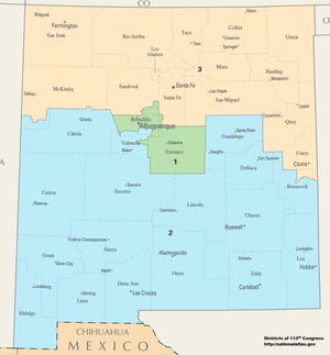 This map shows the three New Mexico congressional districts. The districts will be redrawn after the 2020 Census.