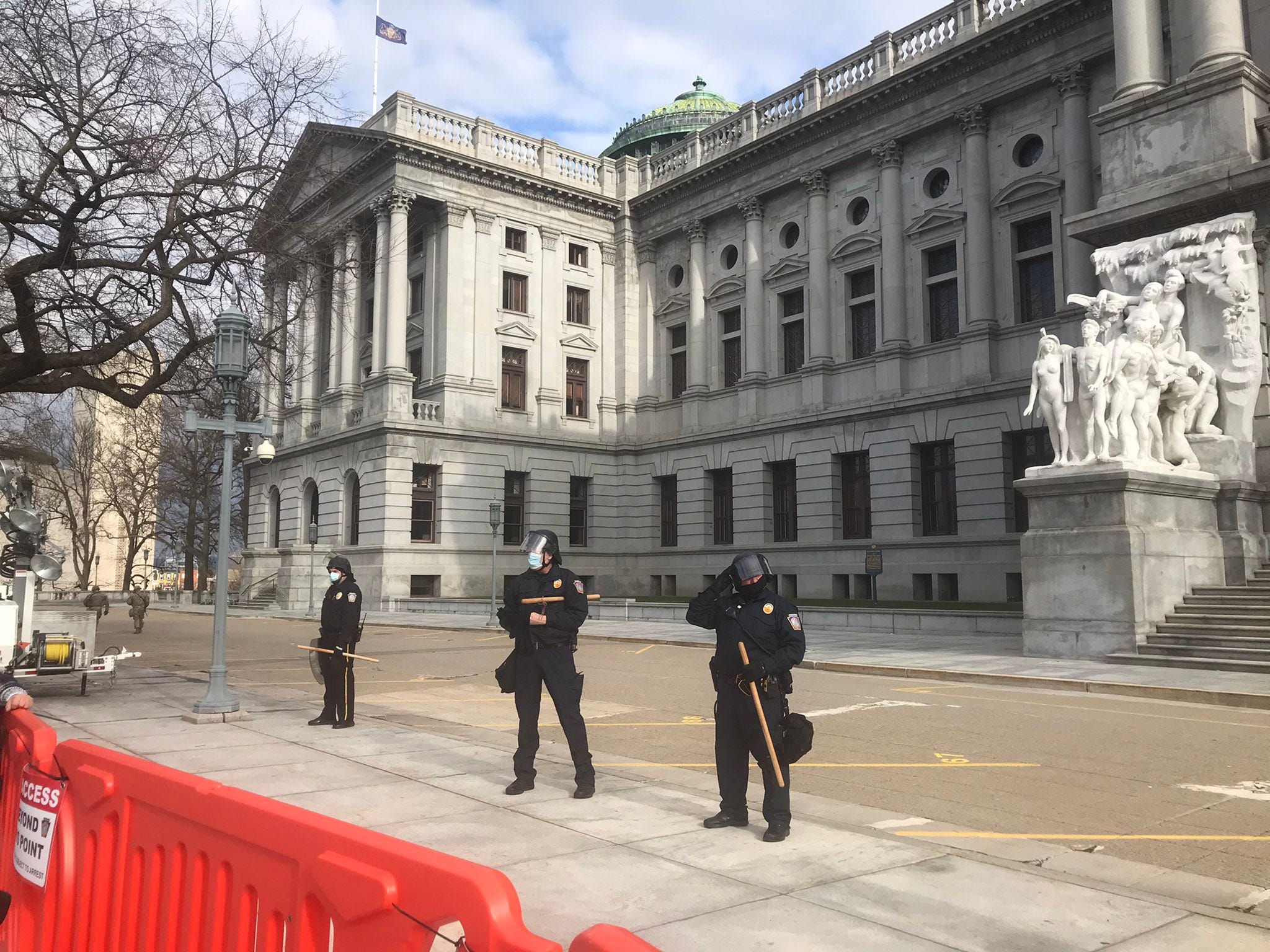 Law enforcement and a few journalists were seen outside the Pennsylvania Capitol in Harrisburg on Sunday, Jan. 17, 2021, ahead of expected pro-Trump rallies.