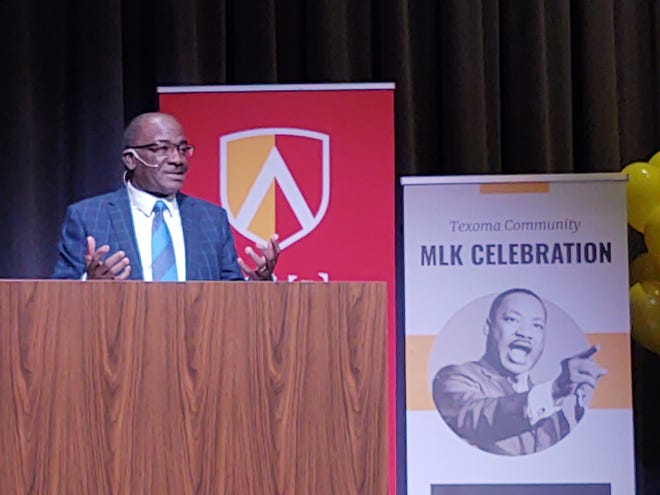 Sherman Assistant City Manager Terrence Steele speaks during Austin College's annual Martin Luther King Jr. Day celebrations in 2021.