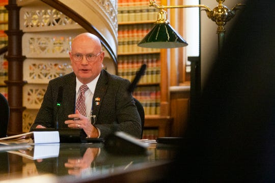 Rep. Steven Holt, R-Denison, is seen on Jan. 19 at the Iowa State Capitol speaking in favor of a proposed amendment to the Iowa Constitution that would protect the right to keep and bear arms.
