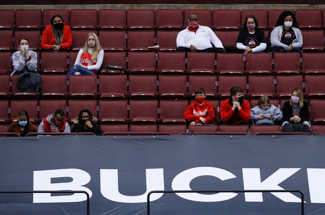 A limited number of fans, mostly family members, were in attendance to watch the men's basketball game between the Ohio State Buckeyes and the Purdue Boilermakers at Value City Arena in Columbus on Tuesday, Jan. 19, 2021. Purdue won 67-65.