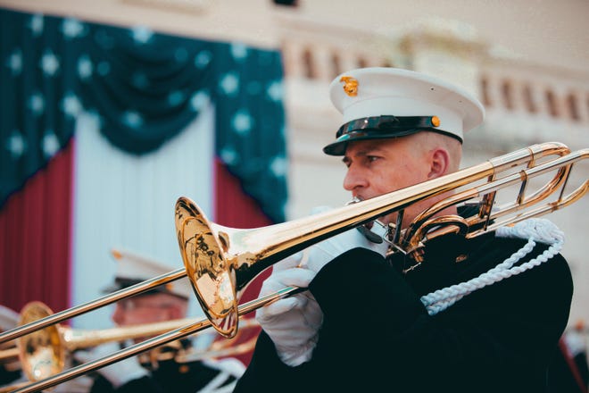 Master Sgt. Sam Barlow performs in the United States Marine Corps Band at the inauguration of President Joe Biden on Jan. 20, 2021.