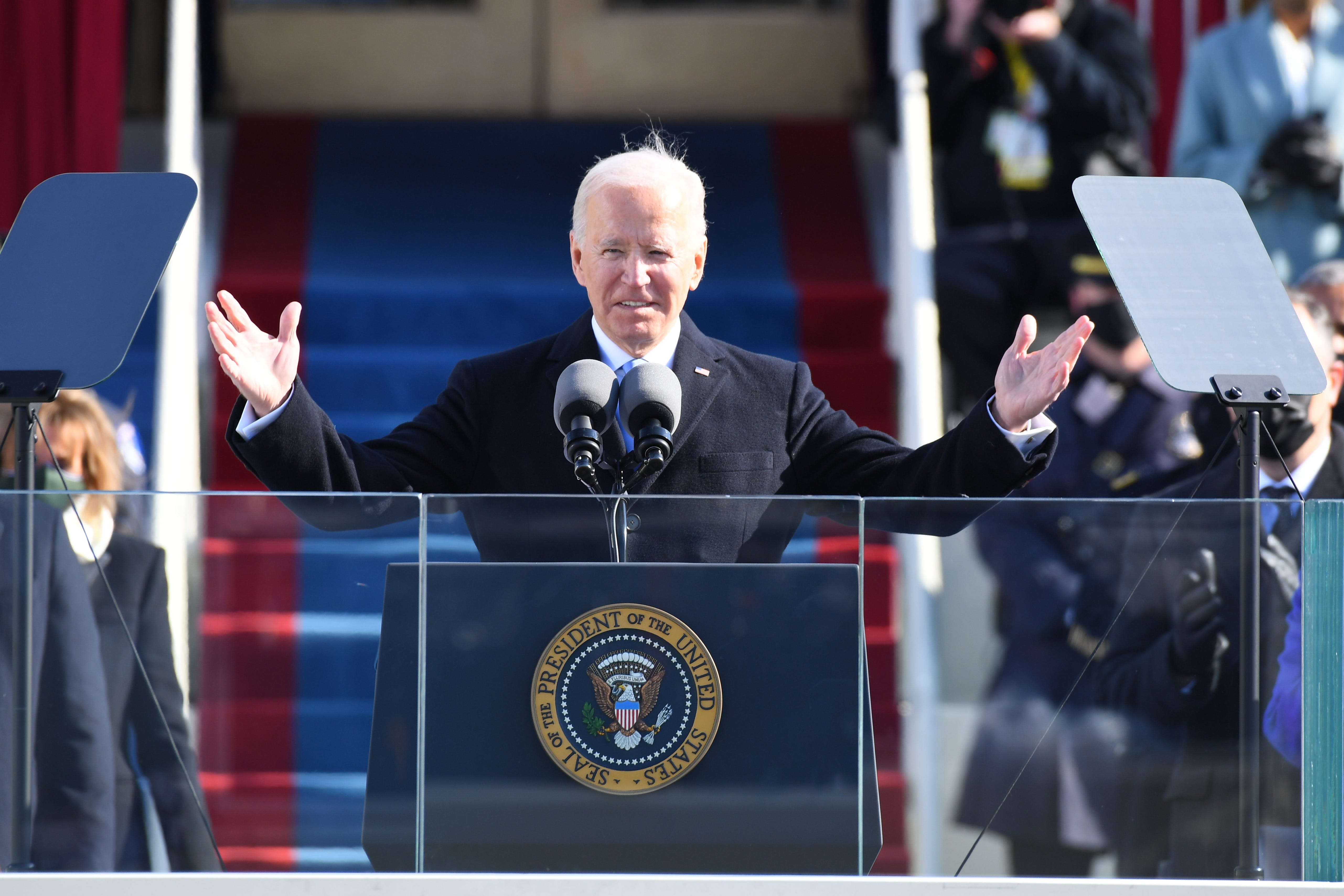 President Joe Biden addresses the crowd after being sworn in during the 2021 Presidential Inauguration.