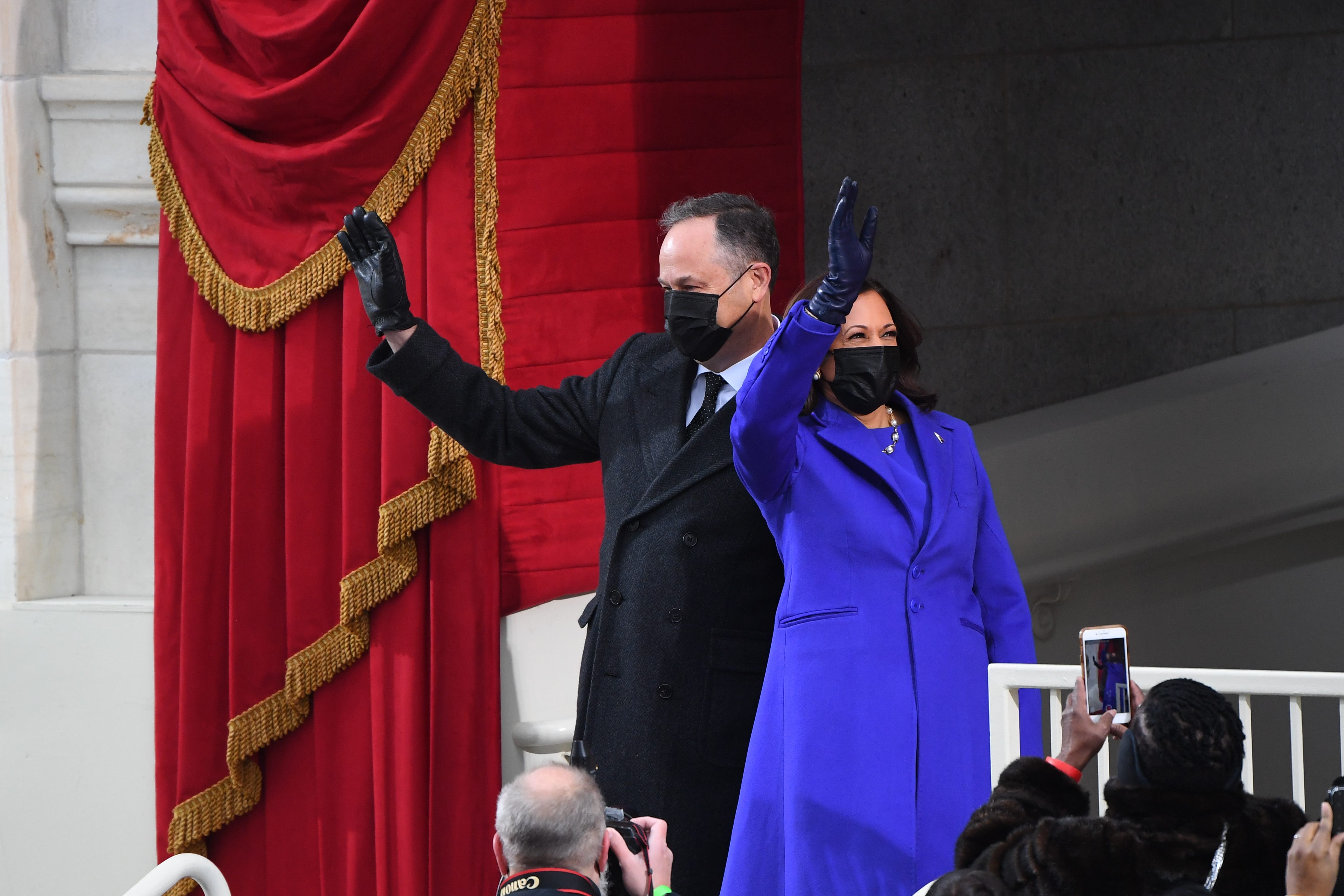 Second Gentleman Douglas Emhoff and Vice President-elect Kamala Harris arrive to the 2021 Presidential Inauguration at the U.S. Capitol.